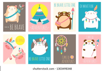 Collection of tribal banner, background, flyer, sticker, placard with cute animals. Vector template card for greeting, decoration, congratulation. Inscription Time of adventures, Be brave little one