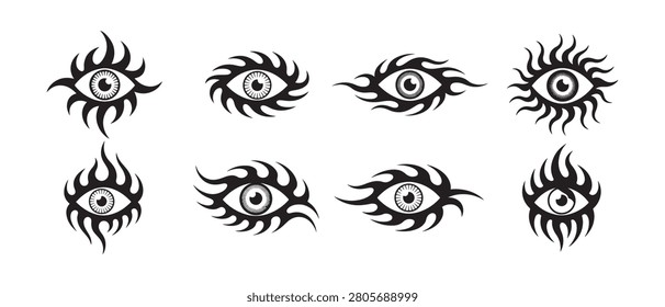 Collection of Tribal Eye Illustrations Featuring Flaming Eyelashes in a Bold Graphic Vector Style.