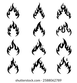 Collection of tribal flame vector illustrations featuring multiple fire shapes, ideal for tattoo designs, decals, hot rod graphics, racing motifs, stickers, branding, and digital art projects