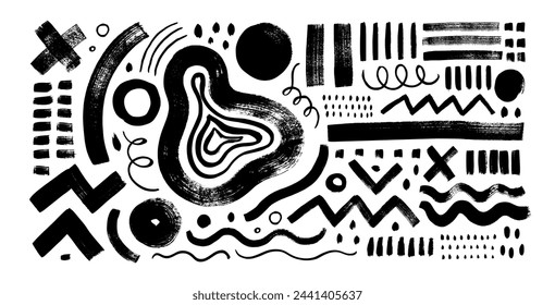 Collection of tribal geometric elements drawn with a brush. Memphis or childish style organic geometric shapes and various lines. Brush drawn bold strokes, zigzag, circles and thin curved lines.