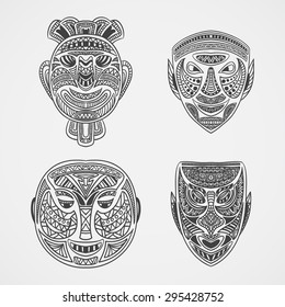 Collection of Tribal mask. Retro hand drawn vector illustration