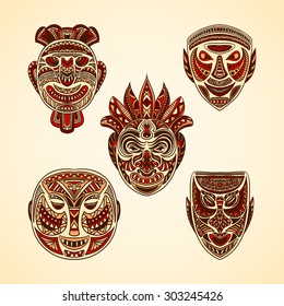 Collection of Tribal mask. Retro hand drawn vector illustration