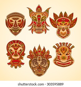 Collection of Tribal mask. Retro hand drawn vector illustration