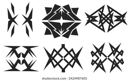 A collection of tribal shapes with a stiff touch. Collection of Cyber ​​Gothic Elements Symmetrical Tribal Patterns in Abstract Black and White Prints for t-shirts, hoodies and t-shirts or cards, post