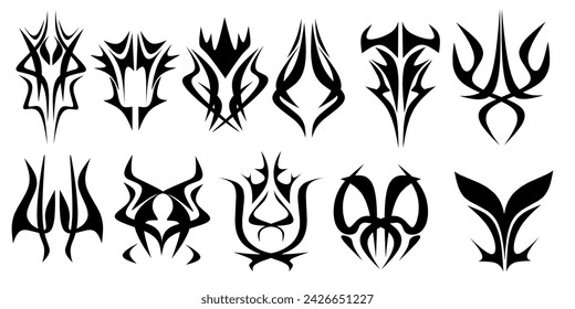 collection of tribal shapes with a stiff touch. Set of Symmetrical Tribal Pattern Cyber ​​Gothic Elements in Abstract White black Print for t-shirt, hoodie and sweatshirt or card, poster	