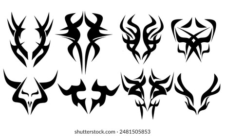 collection of tribal shapes with a stiff touch. Collection of Cyber ​​Gothic Elements Symmetrical Tribal Patterns in Abstract Black and White Prints for tatoo, t-shirt, hoodie and t-shirt or card