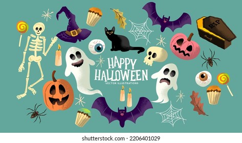 A collection of trick or treat halloween event characters and objects with ghosts, pumpkins and sweets.