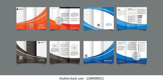 Collection of trifold brochures with waves. Creative fold brochure, marketing agency. Tri fold brochure with blue waves.