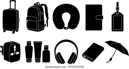 Collection of trip essential silhouettes showing suitcase backpack neck pillow passport wallet luggage tag travel bottles headphones power bank and umbrella. Black vector silhouettes isolated on white background.