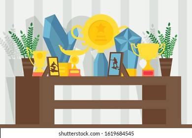 Collection of trophies and awards, vector illustration. Home of champion who won many sport competitions. Trophy on shelf, award for winning in contest. First prize winner, flat style interior design