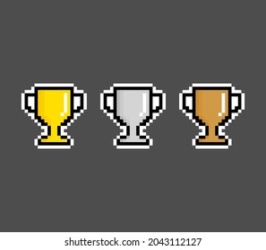 collection of trophies in pixel art. for 8 bit games. gold, silver and bronze.