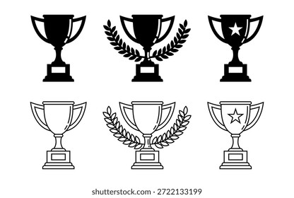 Colección de los iconos de la taza del trofeo en blanco y negro, que simbolizan la victoria, el logro, y el éxito aislados en el fondo blanco