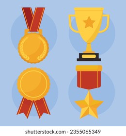 Collection of trophy gold medals and badges vector flat illustration. Set of trophies or awards for winners isolated.