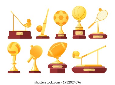 Collection of trophy prizes, vector illustration. Gold statuettes for winners in sports. Championship trophy for golf, baseball, football, hockey, volleyball, basketball, tennis, ping-pong and rugby