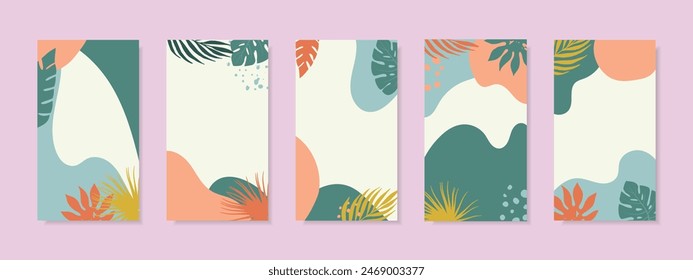 Collection of tropical backgrounds. Summer concept with tropical leaves. Vector.