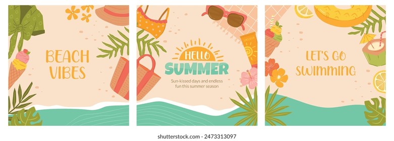 Collection of tropical beach summer vector illustrations, essentials, ice creams, and swim wear for background templates and posters