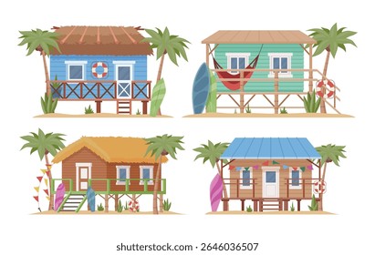 Uma coleção de bangalôs tropicais para surfistas. Cada casa é exclusivamente projetada e cercada por palmeiras e outras decorações de praia. Surfboards e redes acrescentam ao charme costeiro.