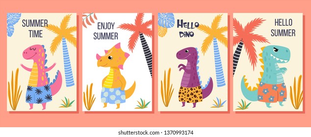 Collection of tropical cards with a cute cartoon dinosaurs in beach shorts. Vector illustration. Beautiful template. Can be used for banner, poster, card, postcard and printable.