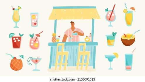 Collection of tropical cocktails in trendy retro style. Vector illustration of alcoholic summer drinks with a beach bar and a male bartender. 