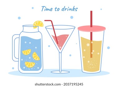 Collection of tropical drinks. Summer party cocktails, escape from heat. Strawberry, lemon, ice, fresh. Time to drink, relax, resting. Cartoon flat vector illustration isolated on white background