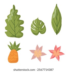 Collection of tropical elements including green leaves, a pineapple, and pastel flowers. Perfect for botanical designs, eco-themed projects, packaging, and decorative purposes