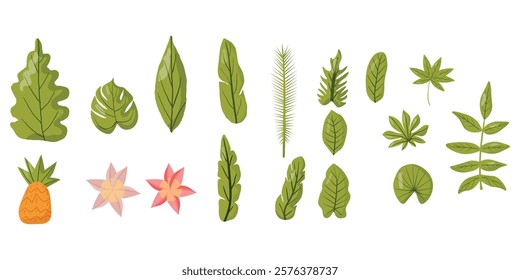 Collection of tropical elements including various green leaves, flowers, and a pineapple. Perfect for botanical designs, eco-themed projects, and nature-inspired decorations, optimized for top search 