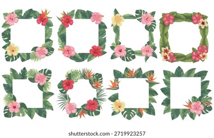Una colección de marcos florales tropicales con hibiscos y otras flores coloridas rodeadas de exuberantes hojas verdes. Perfecto para invitaciones, tarjetas y decoraciones con temas de naturaleza.