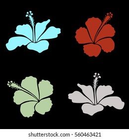 Collection of tropical flowers, gray and orange hibiscus set. Vector illustration.