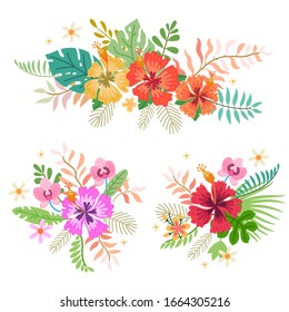 Collection of tropical flowers. Summer Bouquet of tropic flowers leaves. Aloha set.