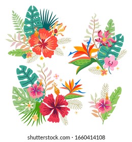 Collection Of Tropical Flowers. Vector Cartoon Rainforest Floral Elements Isolated On White Background. Brazil Jungle Flora In Flat Style. Summer Bouquet Of Tropic Flowers Leaves. Aloha Set.
