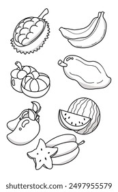 A collection of tropical fruit cartoon doodles, outline style illustrations, for coloring.