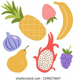 Collection of tropical fruits. Pineapple, strawberry, fig, banana, dragon fruit, pear and blueberry. Flat graphic vector illustration on white. Vegetarian raw food in cartoon style.