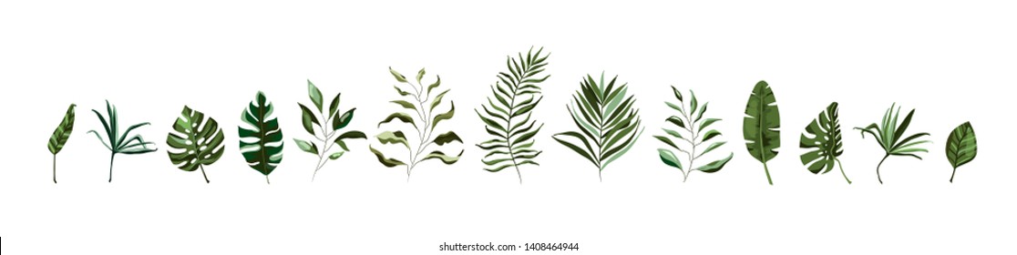 Collection Of Tropical Greenery Leaf Plant Herbs Leaves Monstera Palm Spring Flora In Watercolor Style. Vector Botanical Decorative Illustration For Wedding Invitation Card Save The Date Design