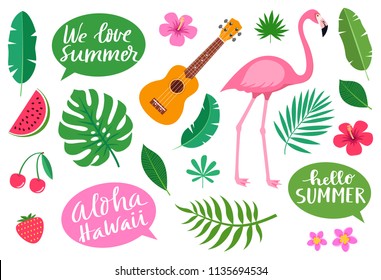 Collection of tropical hawaiian elements. Flamingo, ukulele hawaiian guitar, exotic leaves and flowers of plumeria and hibiscus, fruits, speech bubbles. We love summer exotic set. Vector illustration