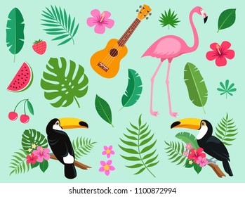 Collection of tropical hawaiian elements. Toucan, flamingo, ukulele hawaiian guitar, exotic leaves and flowers of plumeria and hibiscus, watermelon, strawberry, cherry. Exotic set. Vector illustration