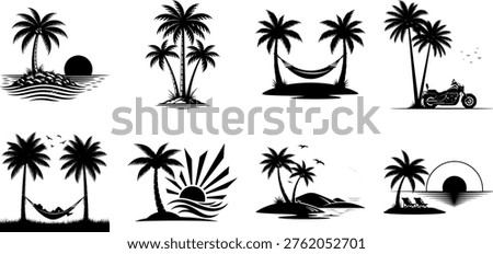Collection of tropical island silhouettes featuring palm trees, hammocks, and beach scenes, ideal for travel and vacation concepts