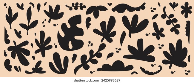 Collection of tropical leaf pattern shapes. Cute botanical shapes, monochrome tropical leaf cutouts, abstract art vector illustrations for various printing needs