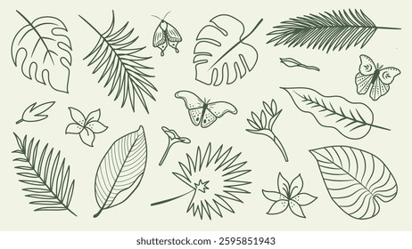Collection of tropical leaves, flowers and butterflies doodle hand drawn style. Exotic flora set.