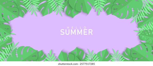 collection of Tropical leaves Hello Summer background concept design, abstract illustration with exotic leaves, colorful design, summer background and banner or card with copy space for text.