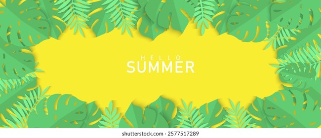 collection of Tropical leaves Hello Summer background concept design, abstract illustration with exotic leaves, colorful design, summer background and banner or card with copy space for text.