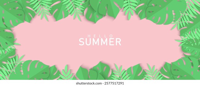 collection of Tropical leaves Hello Summer background concept design, abstract illustration with exotic leaves, colorful design, summer background and banner or card with copy space for text.