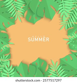 collection of Tropical leaves Hello Summer background concept design, abstract illustration with exotic leaves, colorful design, summer background and banner or card with copy space for text.
