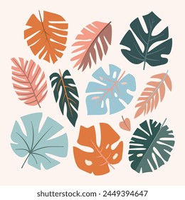 A collection of tropical leaves of irregular abstract shape. Summertime. Green, pink, blue. Hand drawin. For the design of banners, postcards, invitations, patterns