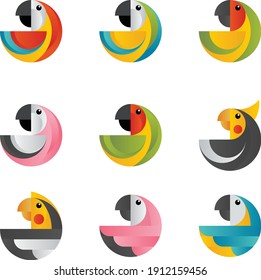 Collection of tropical parrots, flat vector illustration.