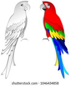 Collection of tropical parrots. Vector design isolated elements. Paper cut out style.