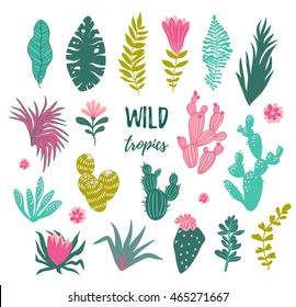 Collection of tropical plants, cactuses, succulents, flowers. Vector elements for stylish design cards, posters, web.