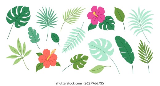 A collection of tropical plants and flowers, including a red flower with a yellow center. The flowers are arranged in a variety of sizes and shapes, creating a sense of movement and diversity