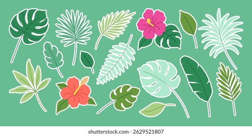 A collection of tropical plants and flowers, including a red hibiscus. The image is vibrant and colorful, with a sense of life and energy