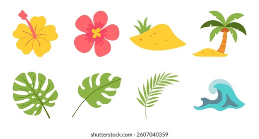 A collection of tropical plants and a wave. The plants include a palm tree, a flower, and a leaf. The wave is crashing against the shore