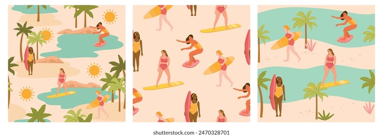 Collection of tropical summer beach landscape seamless vector pattern illustration of women surfing